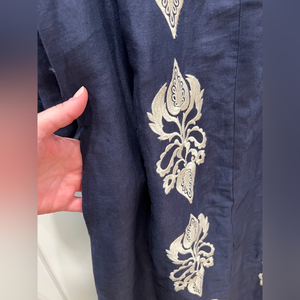 ULLA POPKEN DAMASK DETAIL SPLIT NECK SHORT SLEEVE DRESS, DARK MARINE, SIZE 20. - Picture 8 of 13